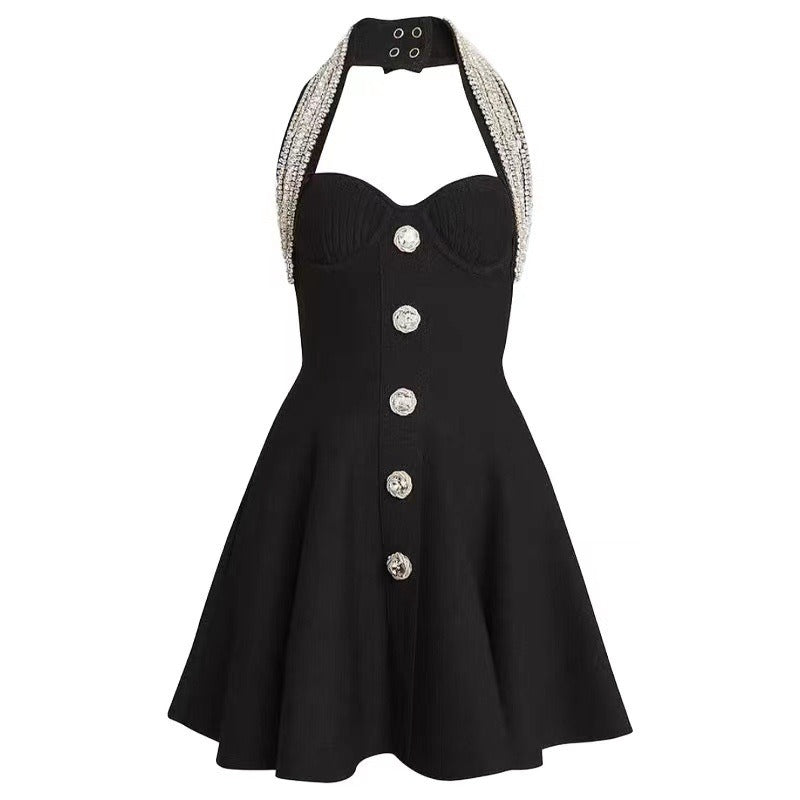 Black Crystal Halter Bandage Dress