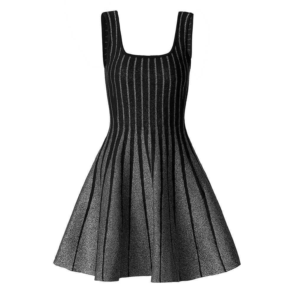 Black Knit Mini Dress with Silver Striped Flared Skirt
