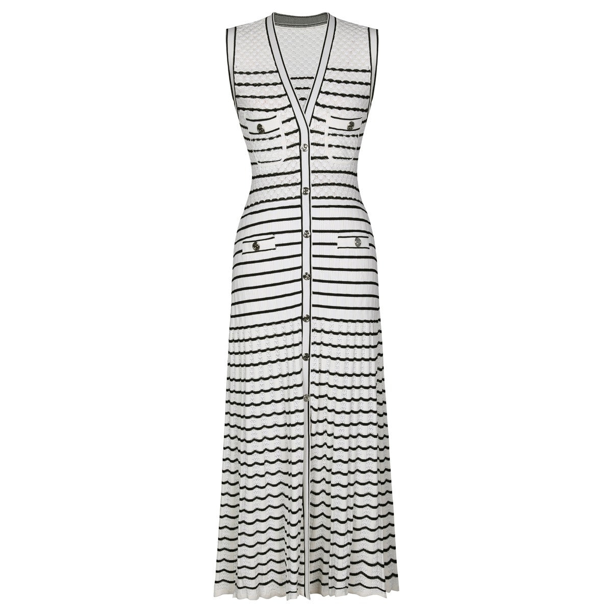 V-neck Contrasting Color Knitted Midi Dress