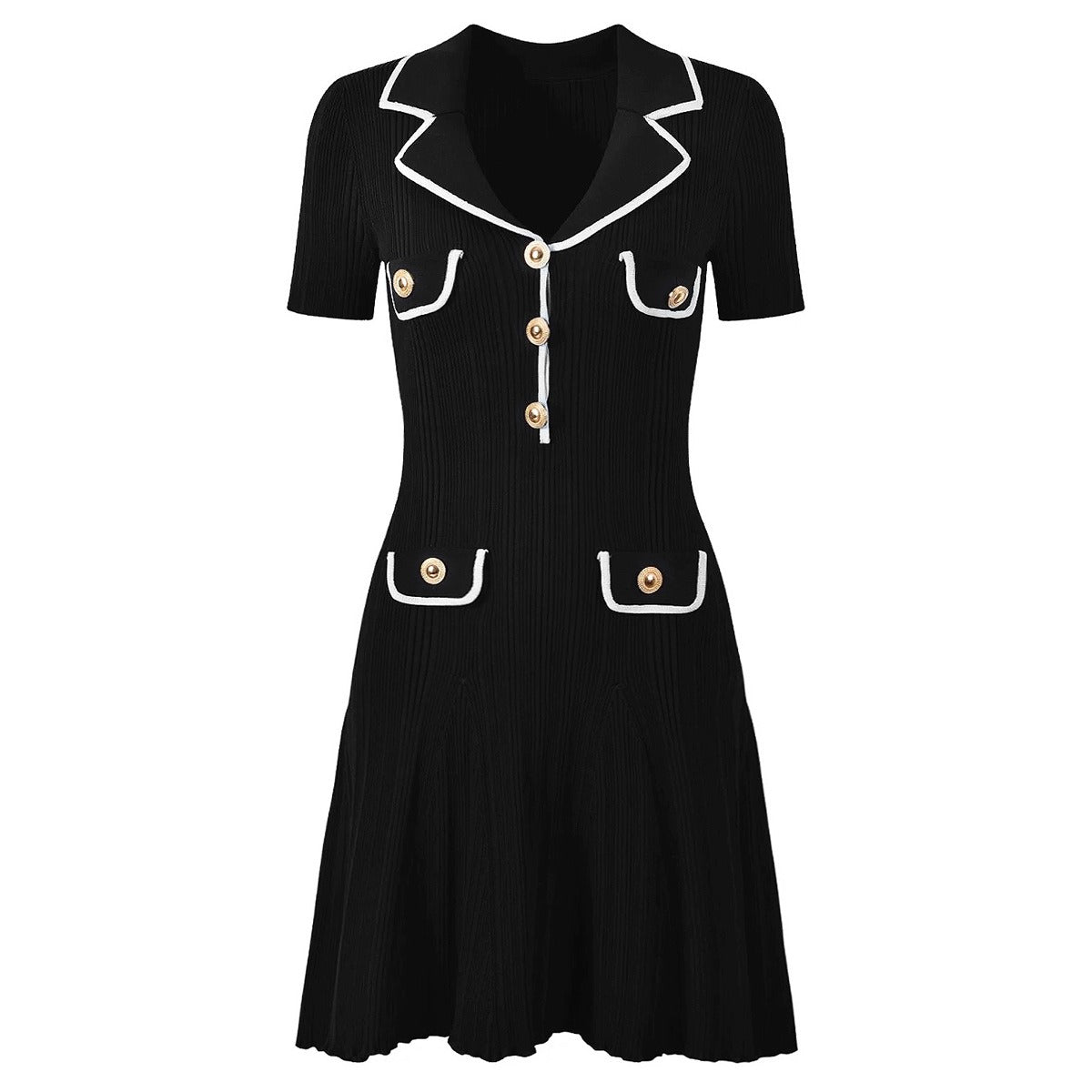 Knit Contrast Lapel Mini Dress
