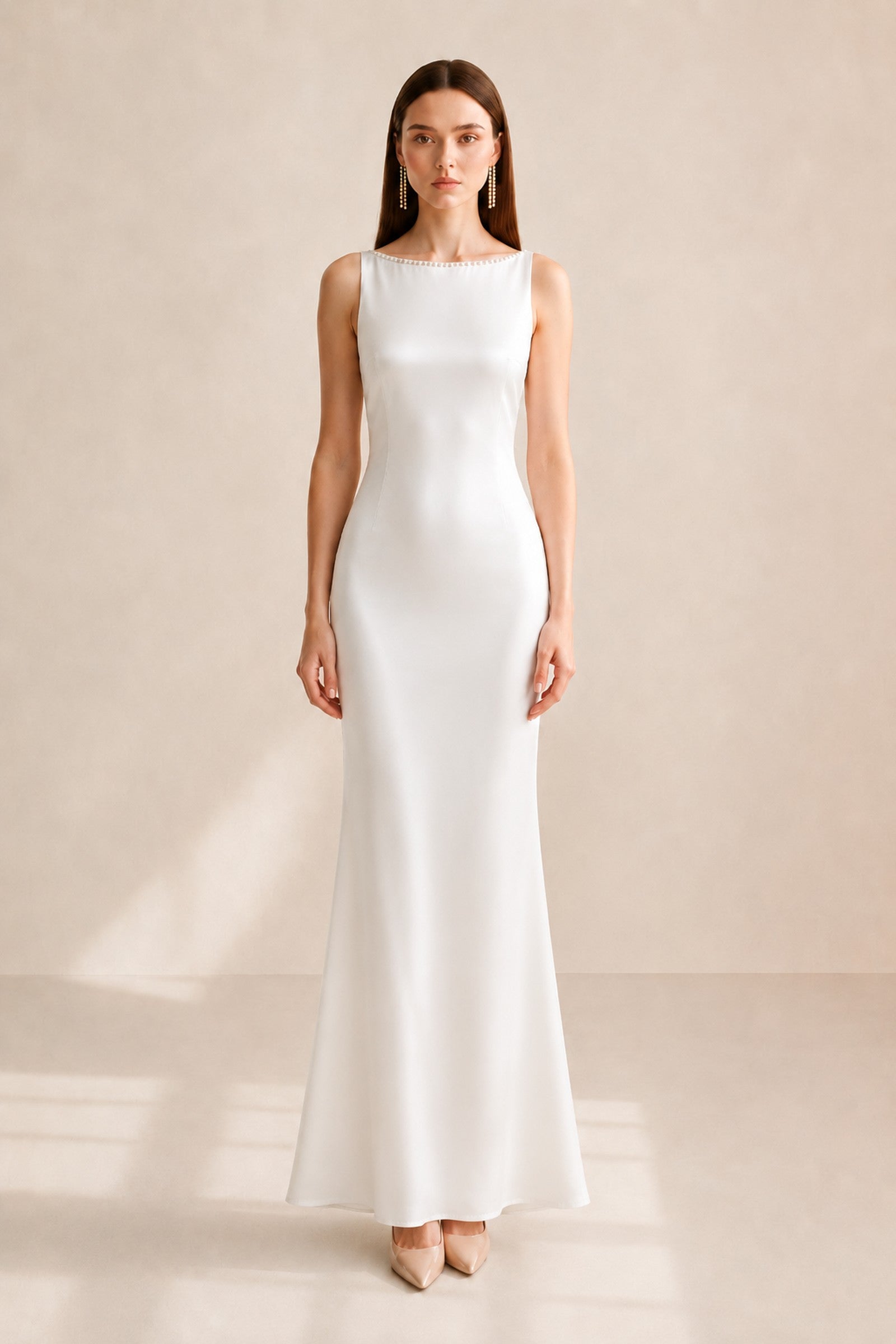 pearl open back a-line dress in white Clarisse Pearl-trim Open-back Midi – APERLAMIRI Wedding dress with