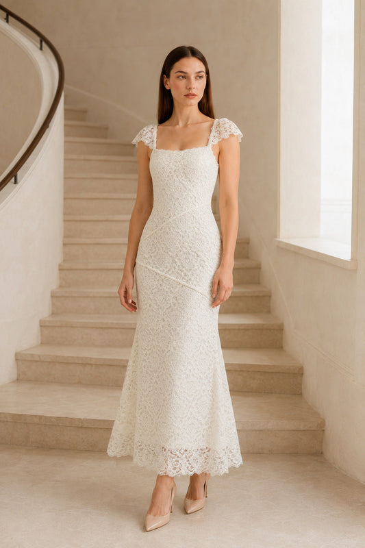 Ilyana Asymmetric Floral Lace Midi Dress • Ivory
