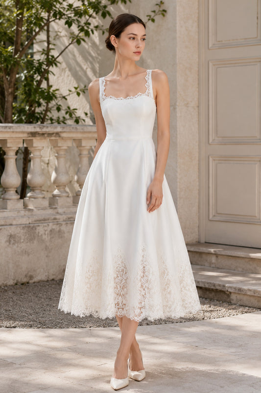 Odette Square Neck Satin Midi Dress – Ivory