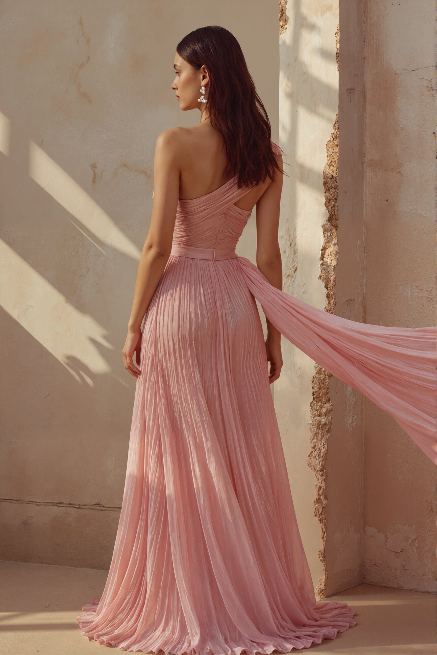 Lumina Pleated One Shoulder Sash Dress