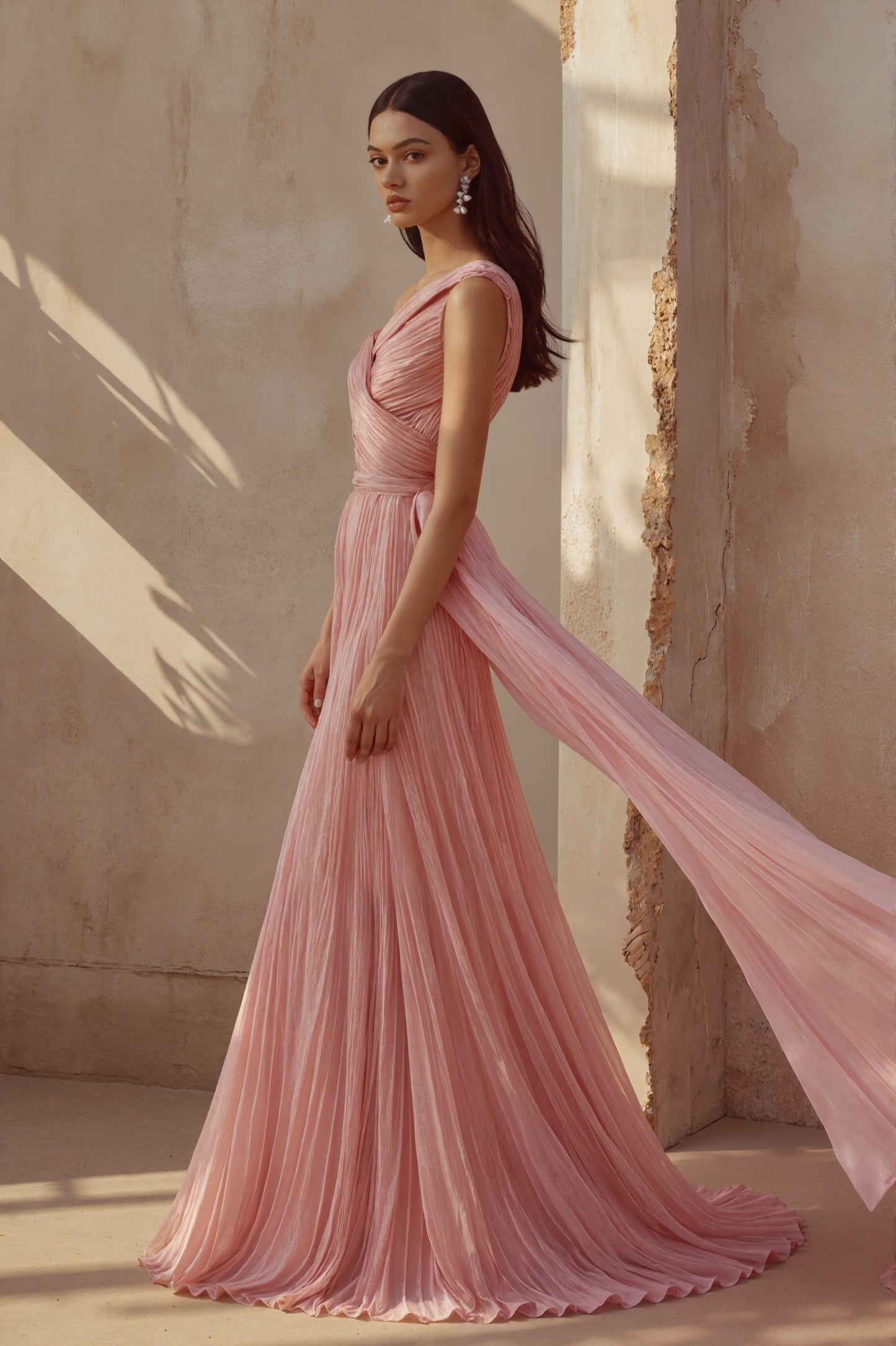 Lumina Pleated One Shoulder Sash Dress