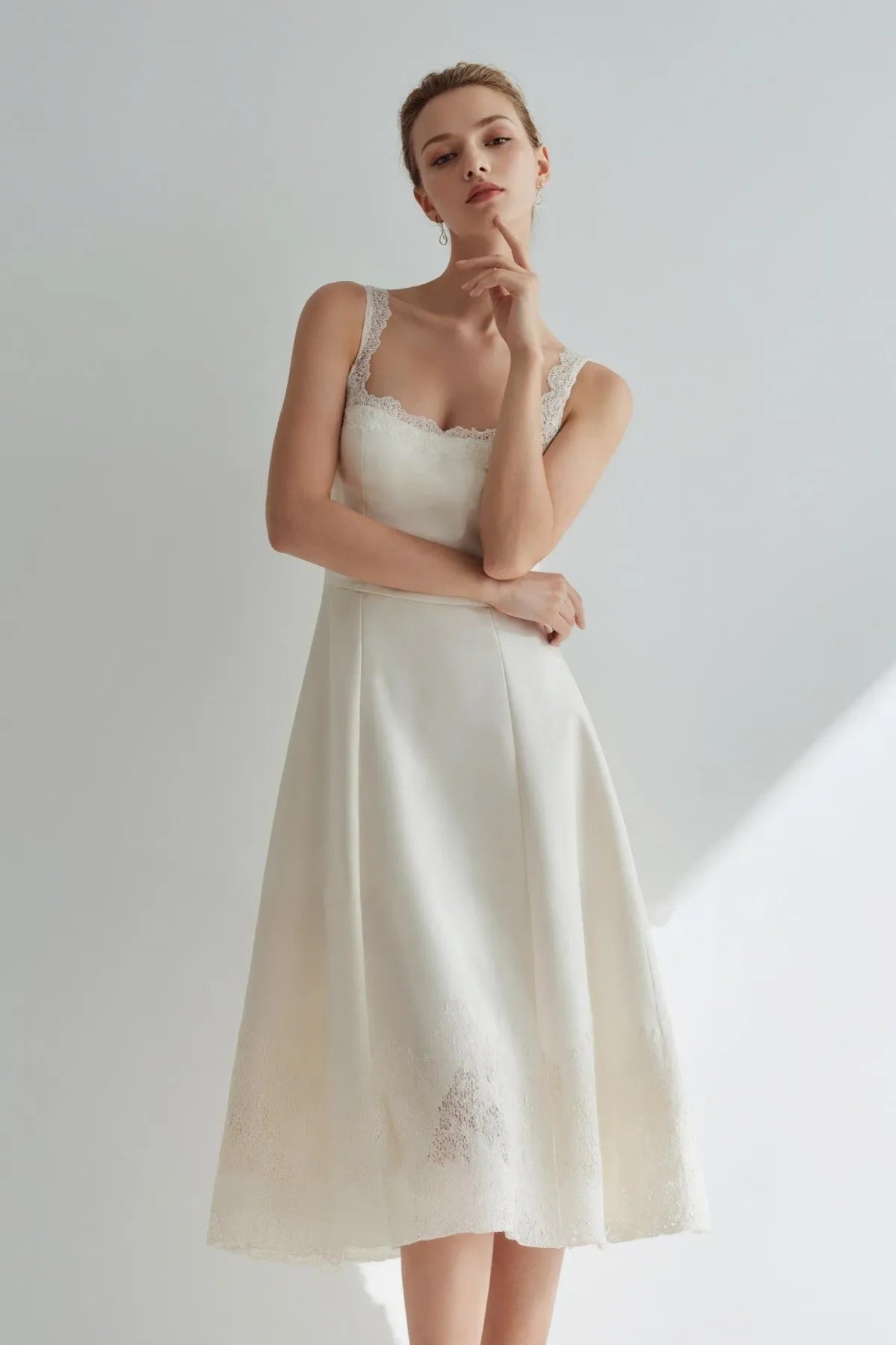 Odette Ivory Midi Dress – hem lace detailing