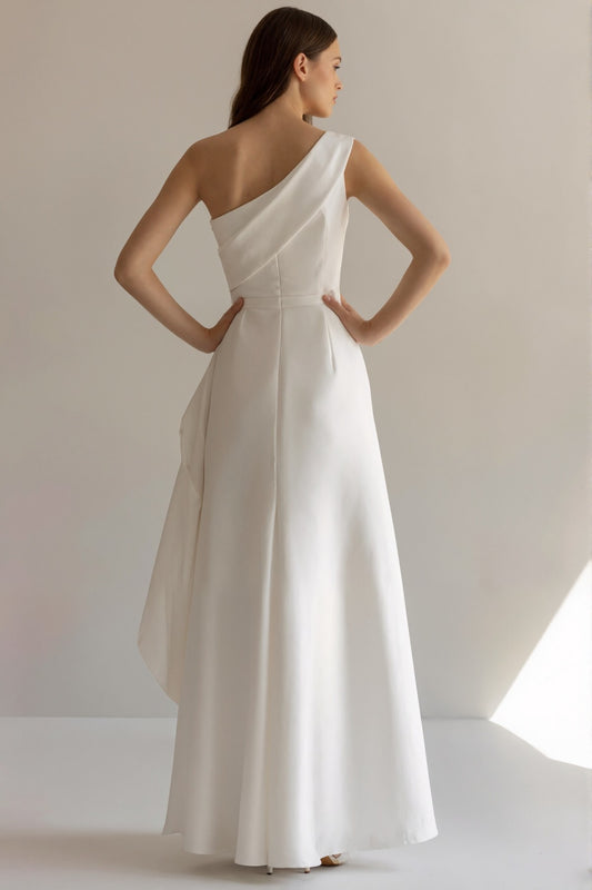 Elara Ivory Maxi Dress – one-shoulder asymmetric overlay