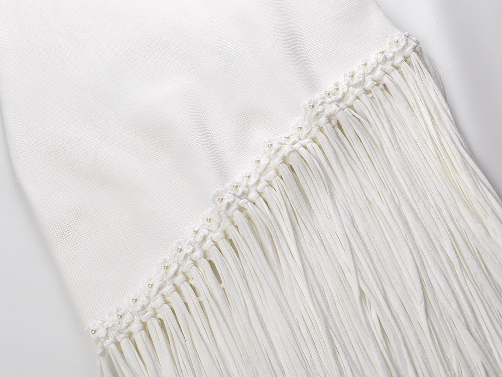 Round Neck Knit Tassle Trim Midi Dress