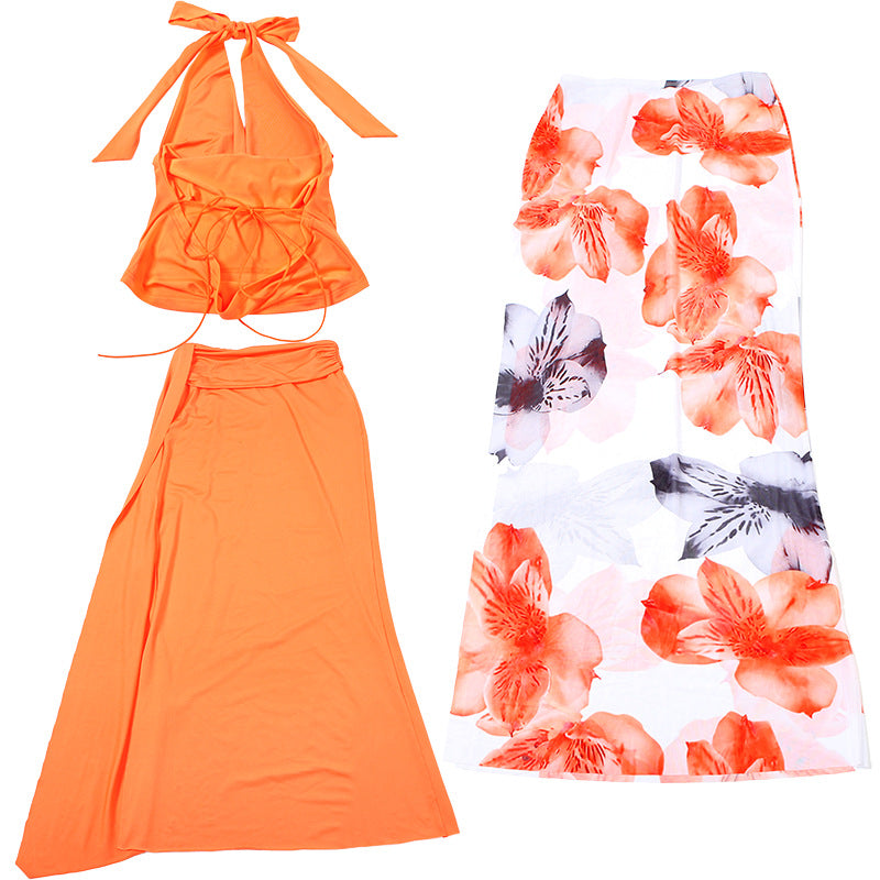 Halter Neck Top Floral Printed Maxi Skirt Set