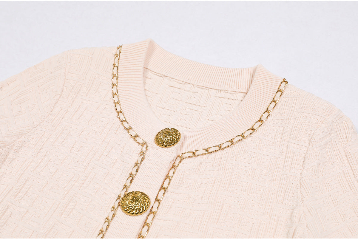 Round Neck Short Sleeves Knit Cardigan Skirt Set