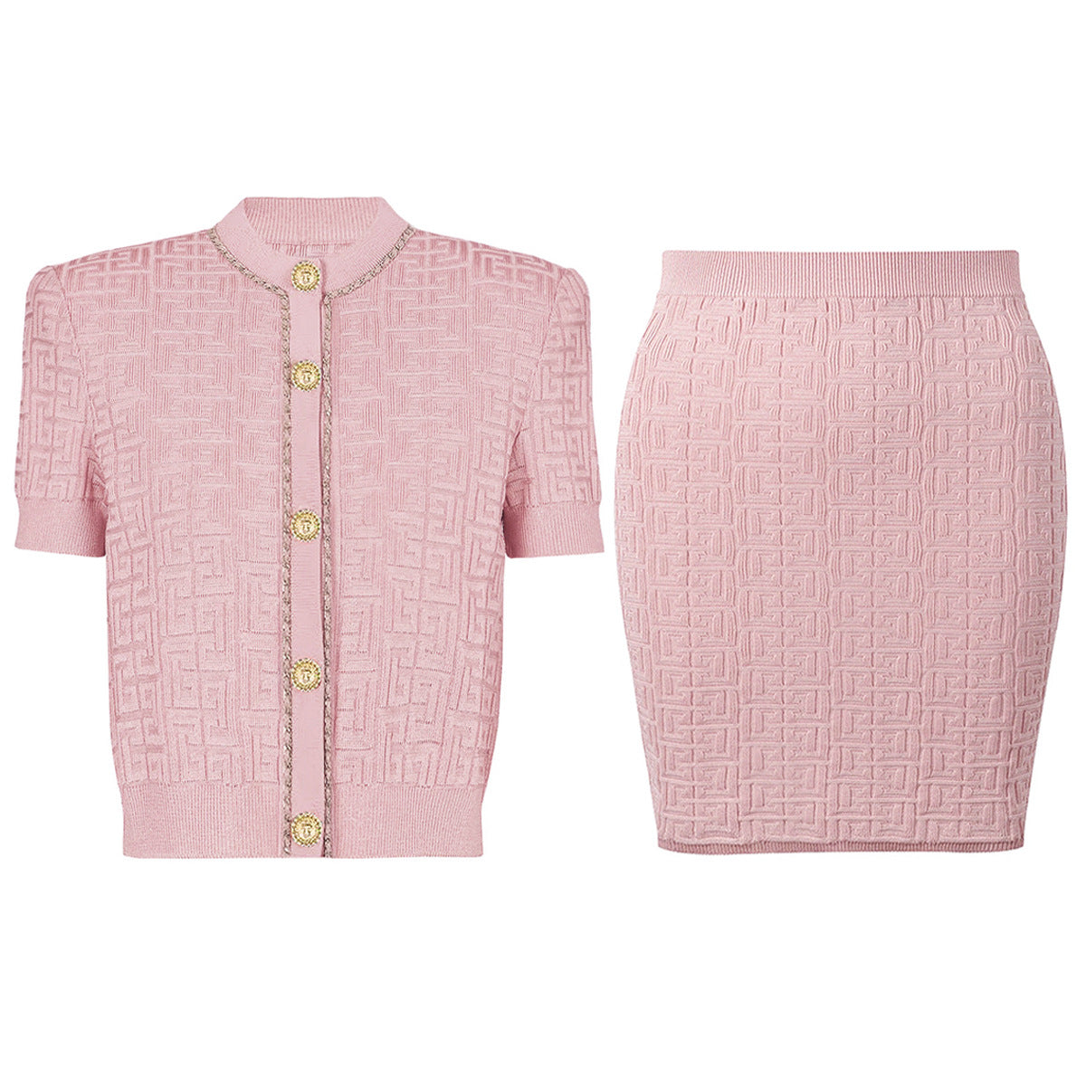 Round Neck Short Sleeves Knit Cardigan Skirt Set