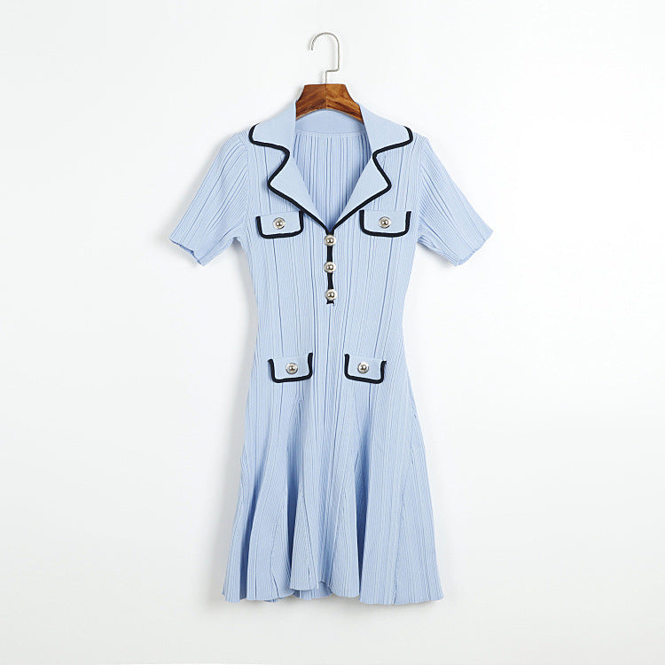 Knit Contrast Lapel Mini Dress