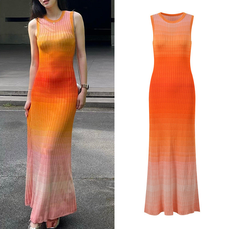Gradual Color Round Neck Sleeveless Maxi Dress