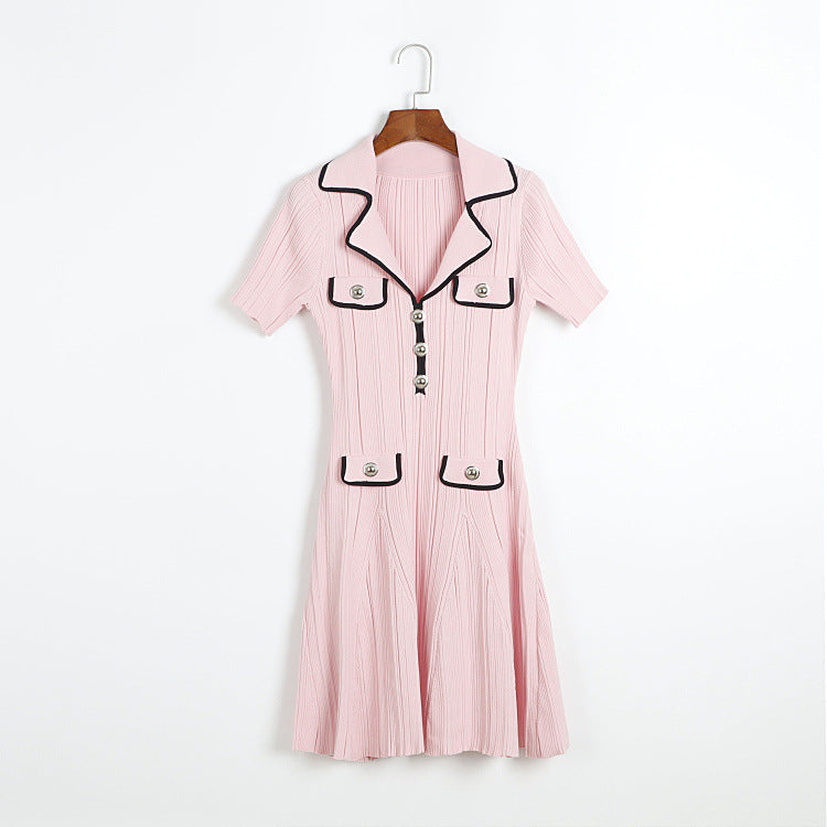 Knit Contrast Lapel Mini Dress