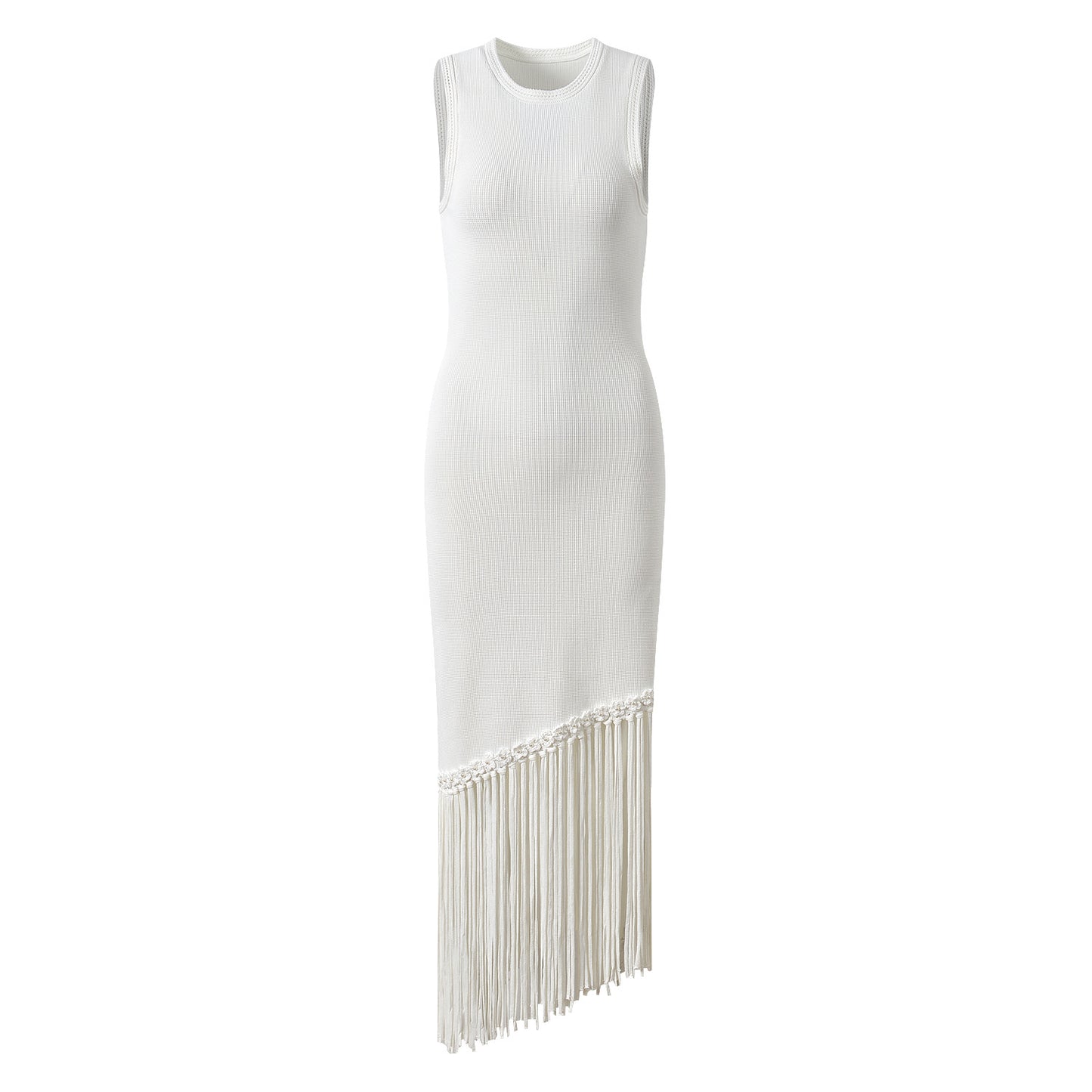 Round Neck Knit Tassle Trim Midi Dress