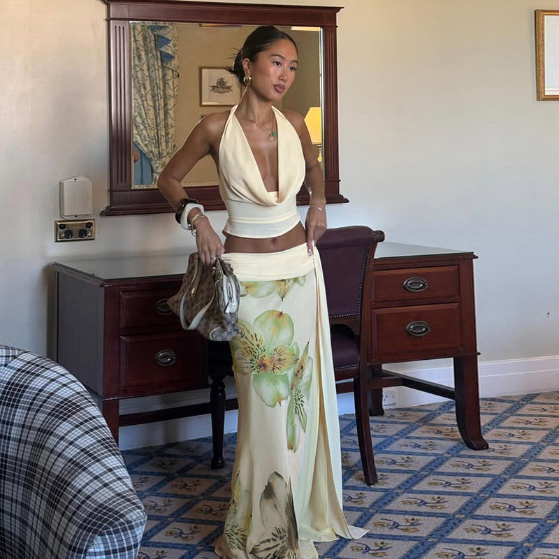 Halter Neck Top Floral Printed Maxi Skirt Set