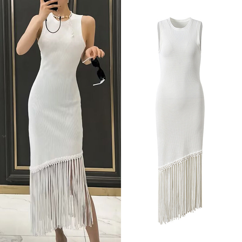 Round Neck Knit Tassle Trim Midi Dress