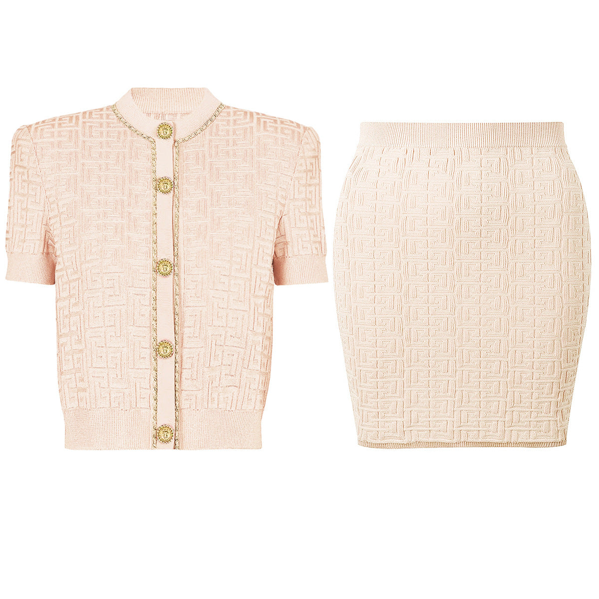 Round Neck Short Sleeves Knit Cardigan Skirt Set