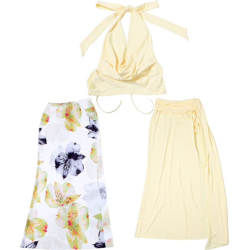 Halter Neck Top Floral Printed Maxi Skirt Set