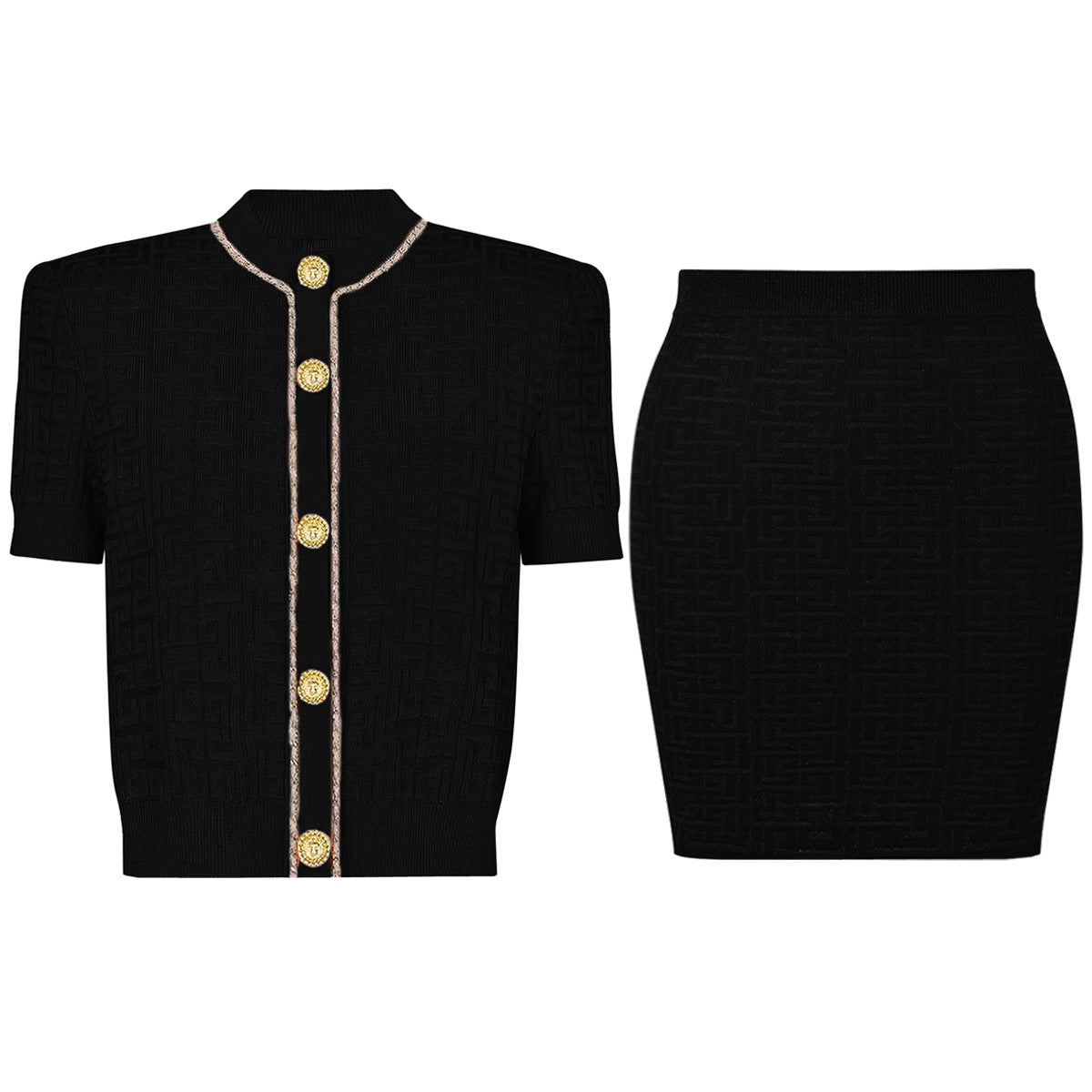 Round Neck Short Sleeves Knit Cardigan Skirt Set