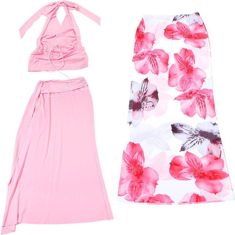Halter Neck Top Floral Printed Maxi Skirt Set