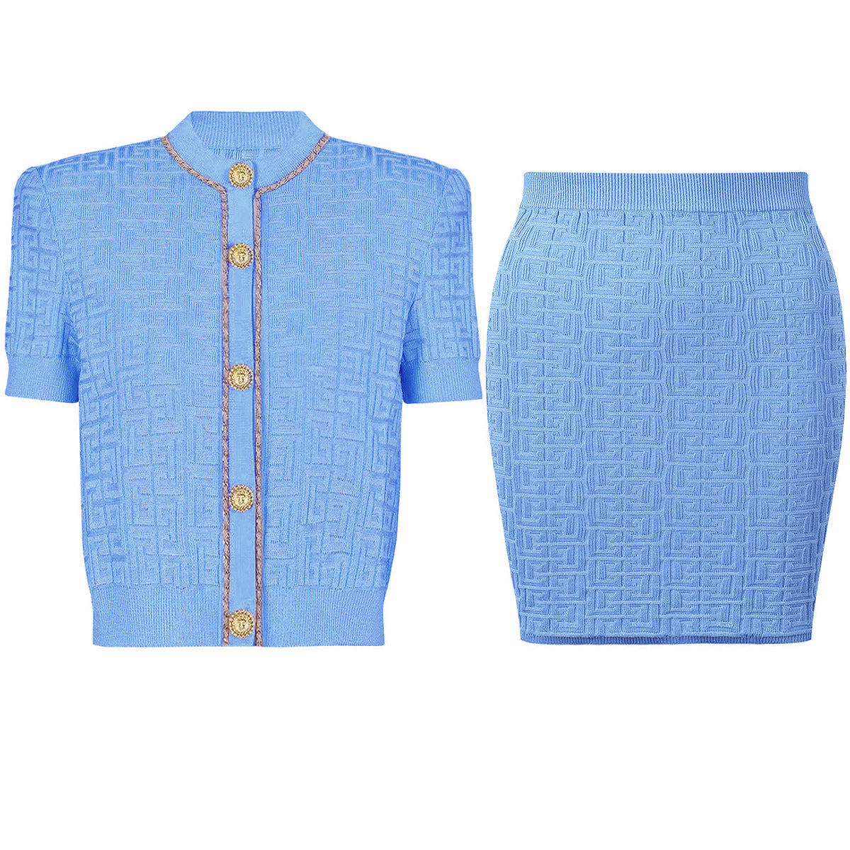 Round Neck Short Sleeves Knit Cardigan Skirt Set