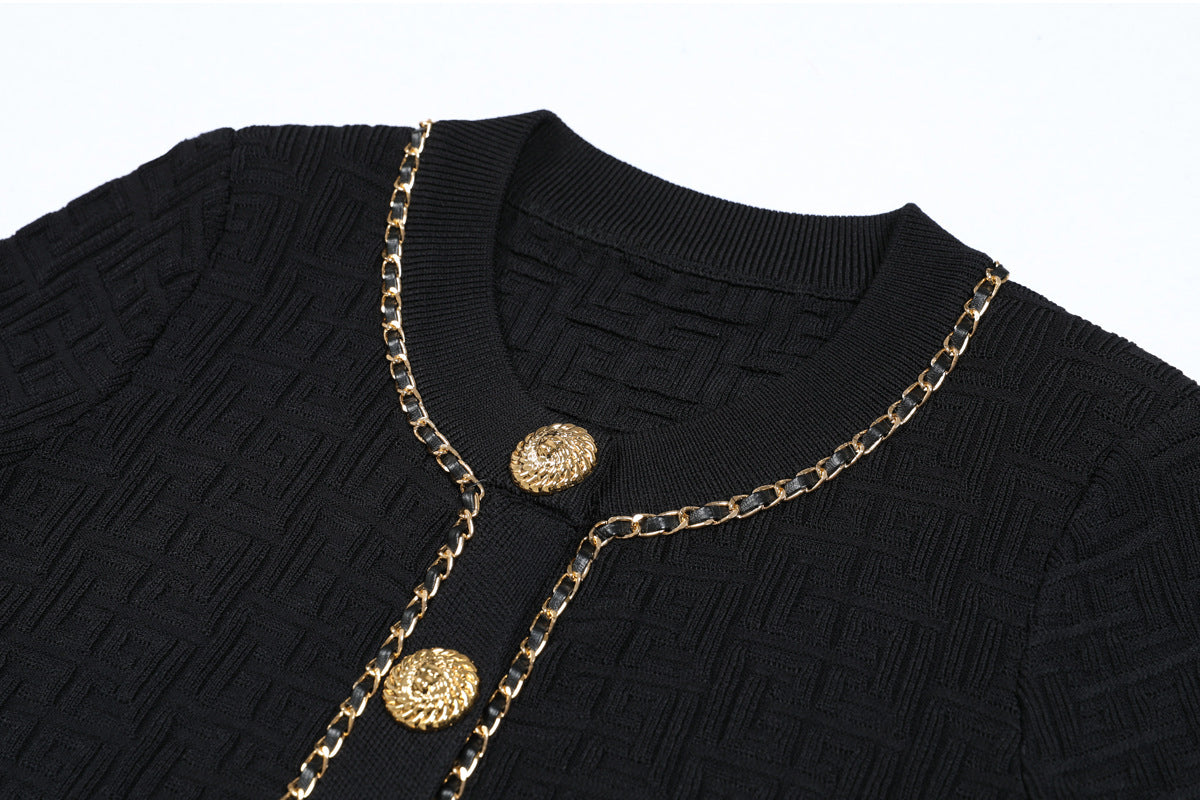Round Neck Short Sleeves Knit Cardigan Skirt Set