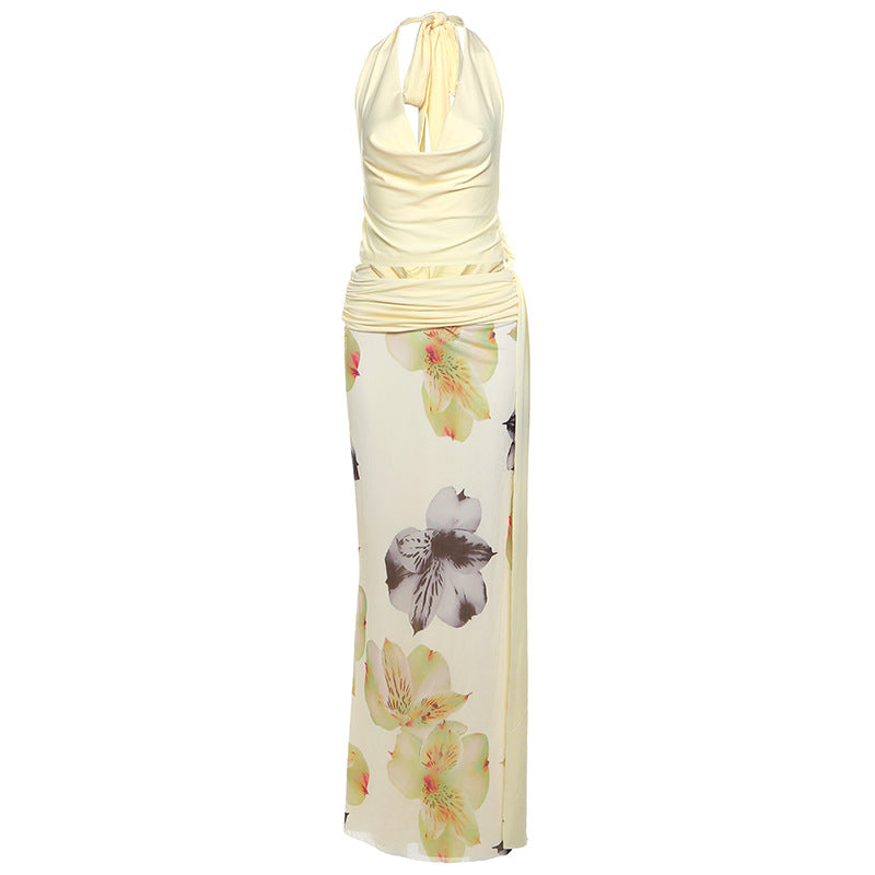 Halter Neck Top Floral Printed Maxi Skirt Set