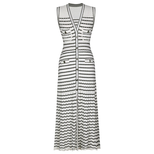 V-neck Contrasting Color Knitted Midi Dress