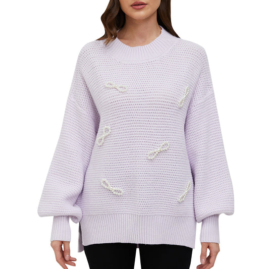 Aperlamiri Pearl Bow-Tie Round Neck Side Slit Knit Sweater Top