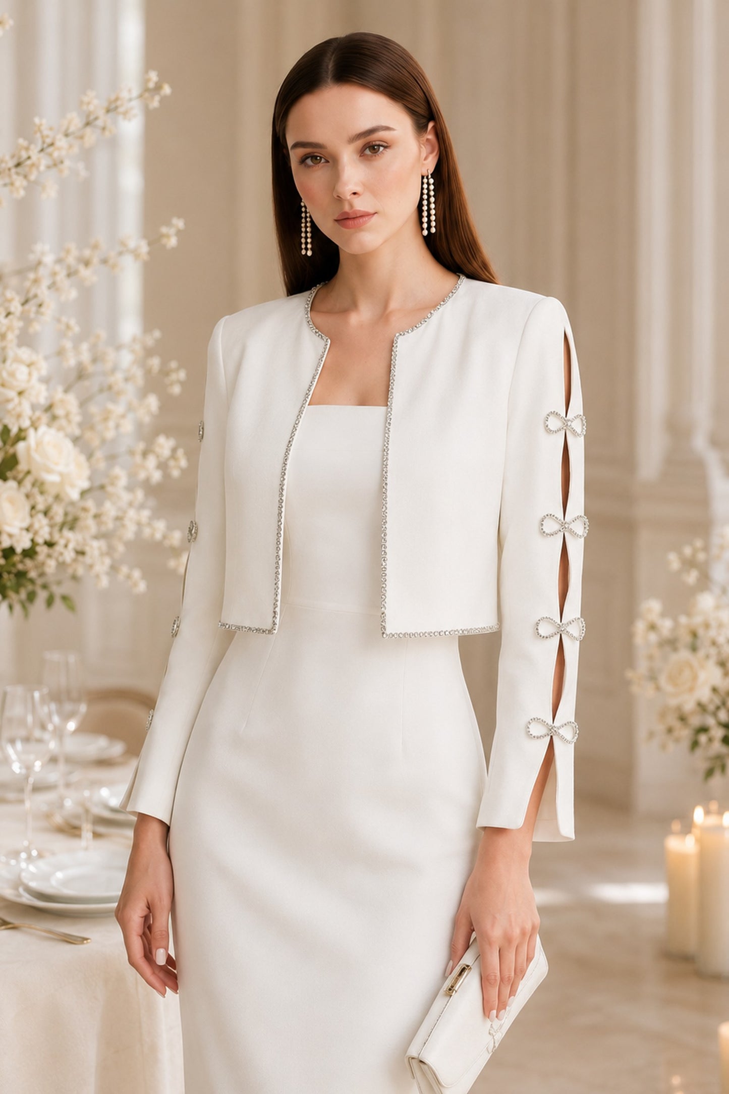 Sloane Crystal-trim Jacket & Midi Dress Set • White