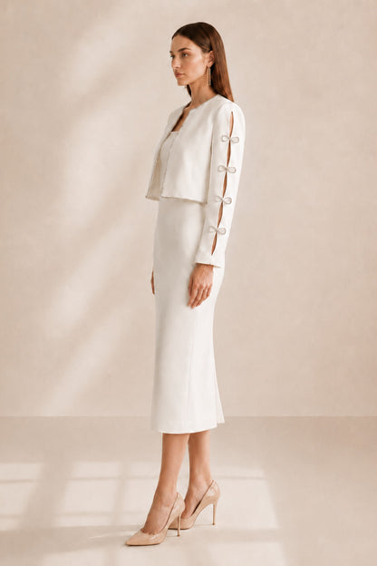 Sloane Crystal-trim Jacket & Midi Dress Set • White