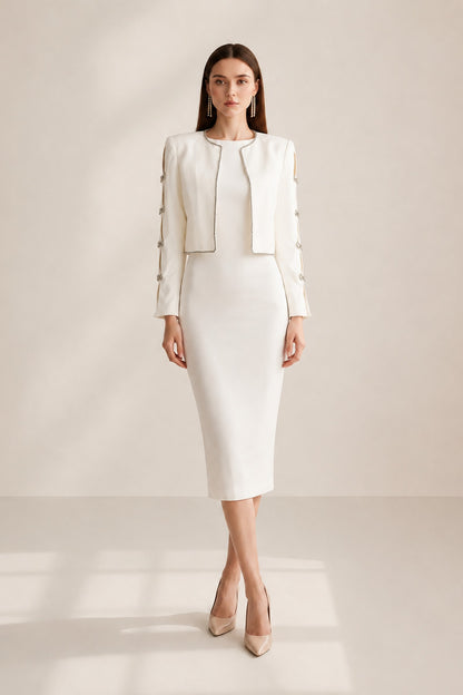 Colette Pearl-button Back Jacket & Midi Dress Set • White
