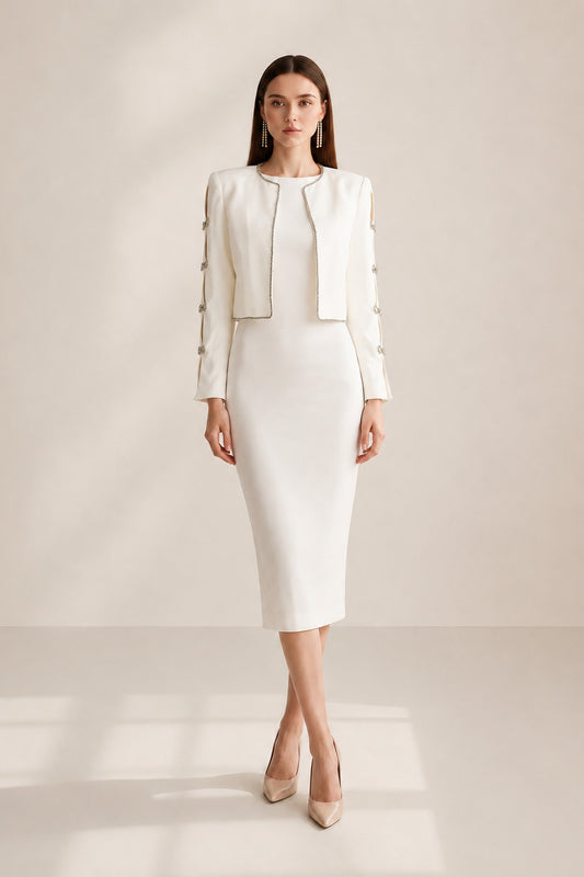 Colette Pearl-button Back Jacket & Midi Dress Set • White