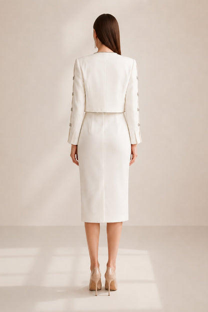 Colette Pearl-button Back Jacket & Midi Dress Set • White
