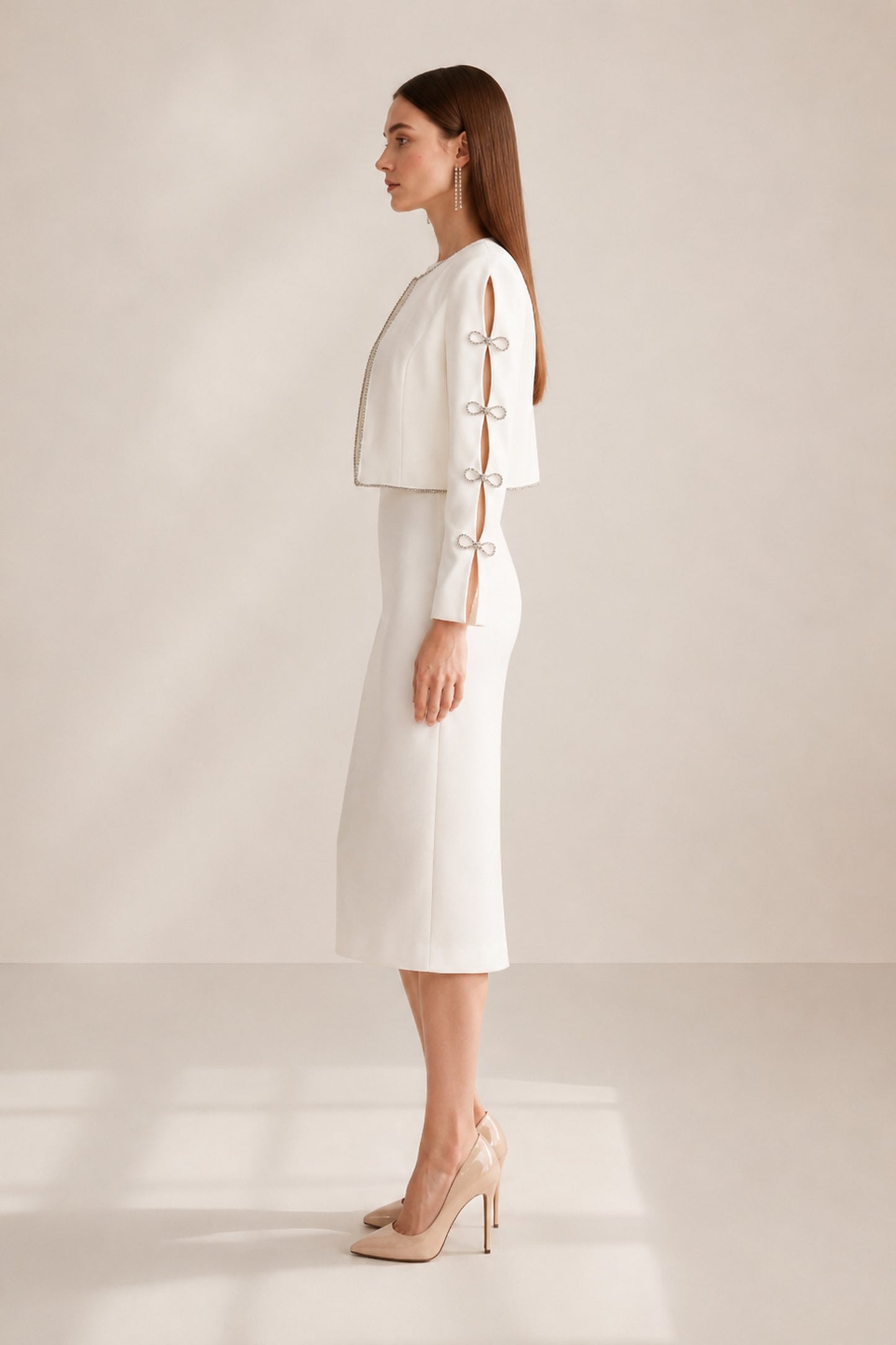 Colette Pearl-button Back Jacket & Midi Dress Set • White