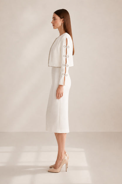 Colette Pearl-button Back Jacket & Midi Dress Set • White