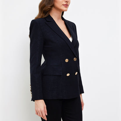 Aperlamiri Textured Black Classic Double Breasted Women Blazer Jacket