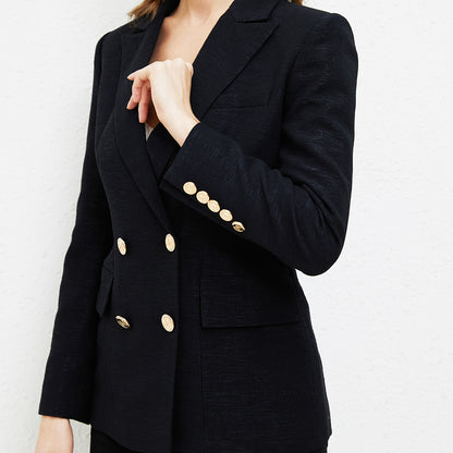 Aperlamiri Textured Black Classic Double Breasted Women Blazer Jacket