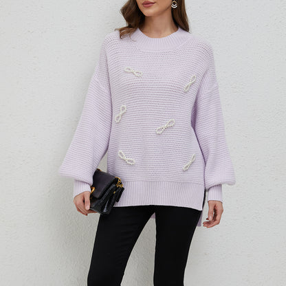 Aperlamiri Pearl Bow-Tie Round Neck Side Slit Knit Sweater Top