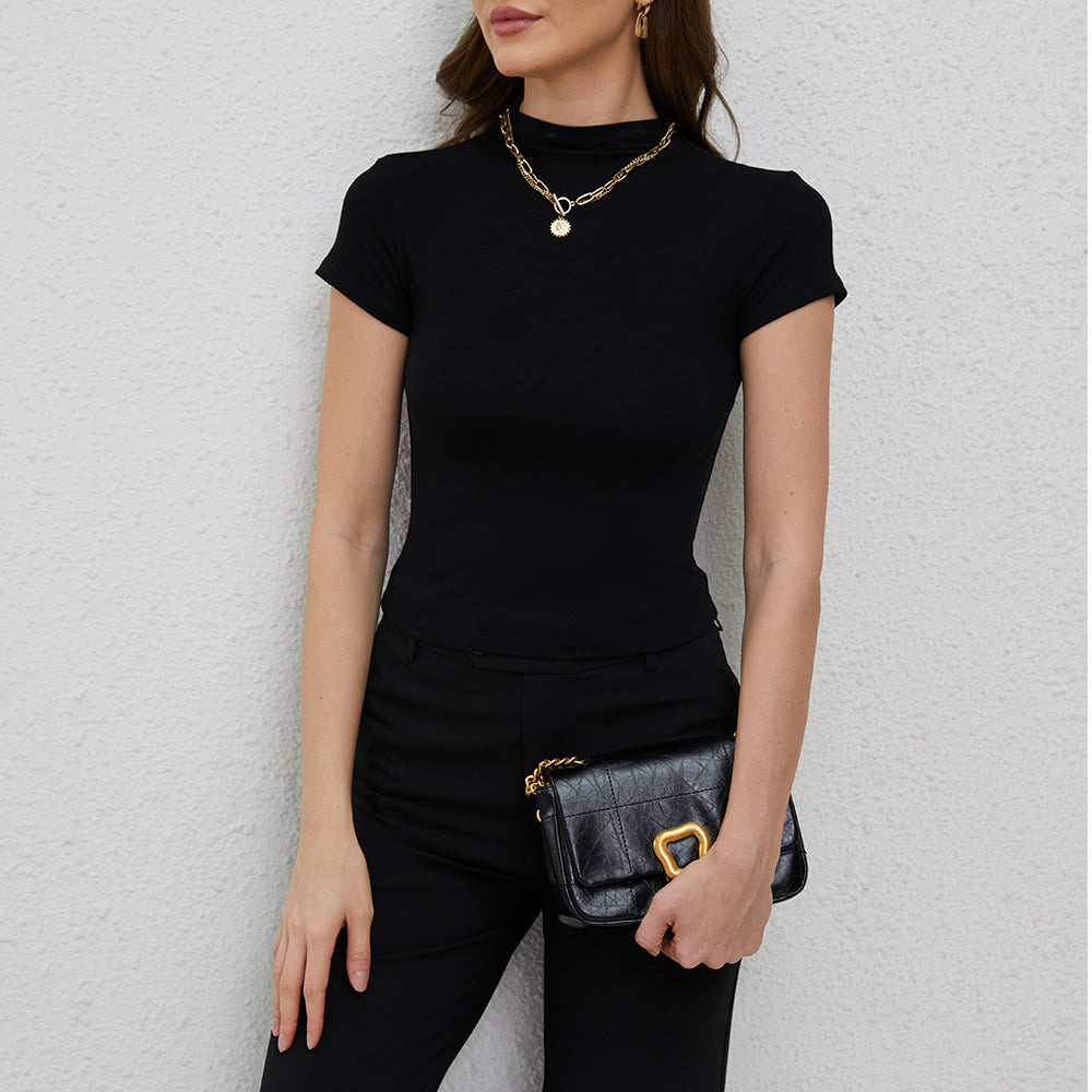 Aperlamiri Short Sleeve Modal T Shirt Mailard Brown Black Basic Crop Top