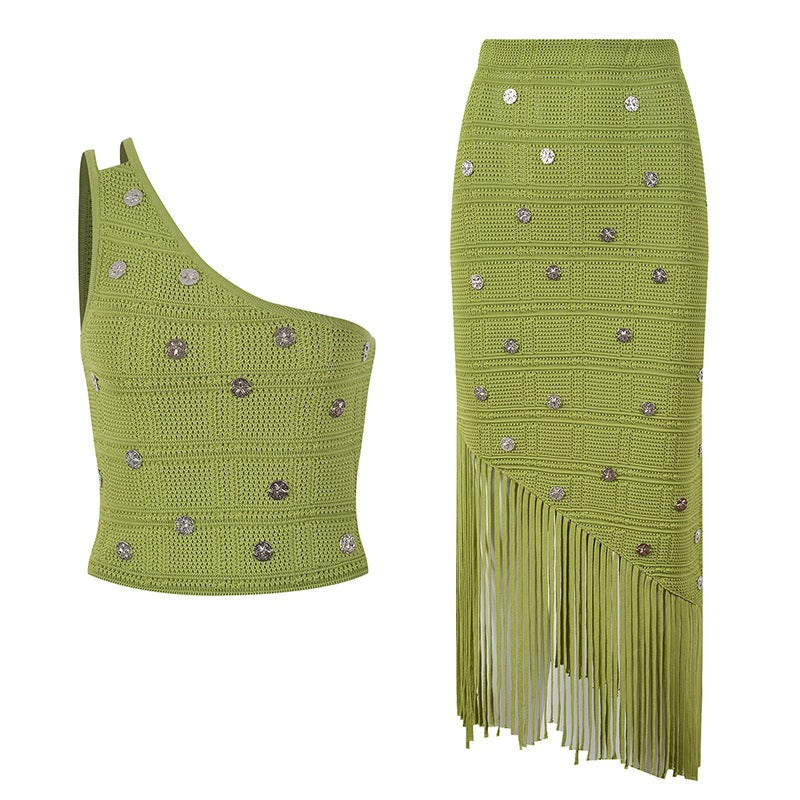 One Shoulder Knitted Top  Skirt Set