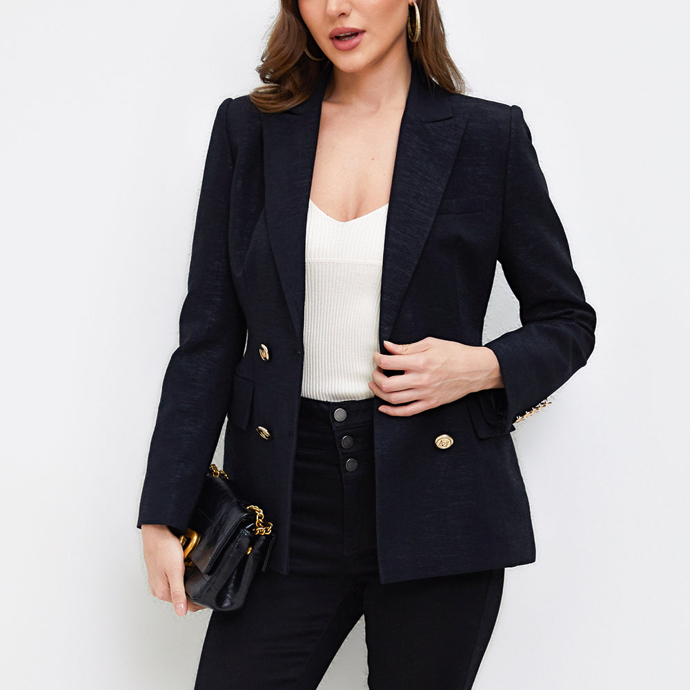 Aperlamiri Textured Black Classic Double Breasted Women Blazer Jacket