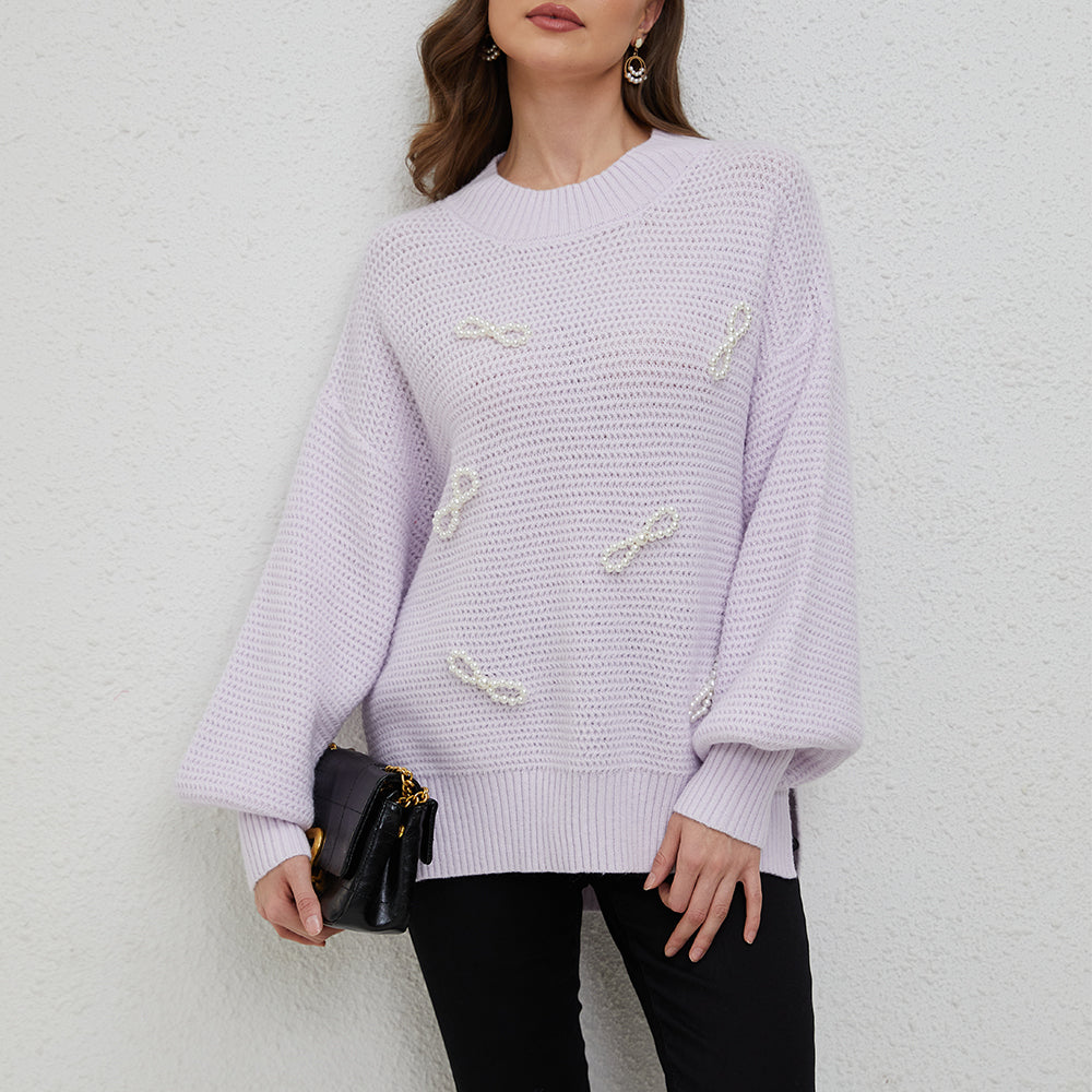 Aperlamiri Pearl Bow-Tie Round Neck Side Slit Knit Sweater Top