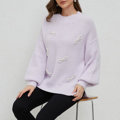 Aperlamiri Pearl Bow-Tie Round Neck Side Slit Knit Sweater Top