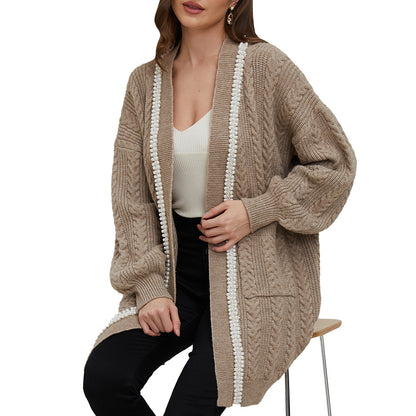 Aperlamiri Pearl Trimed Open Front Long Sleeve Light Weight Twisted Cable Knit Cardigan