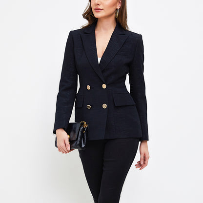 Aperlamiri Textured Black Classic Double Breasted Women Blazer Jacket