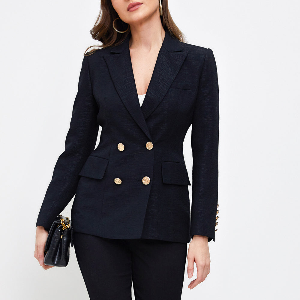 Aperlamiri Textured Black Classic Double Breasted Women Blazer Jacket