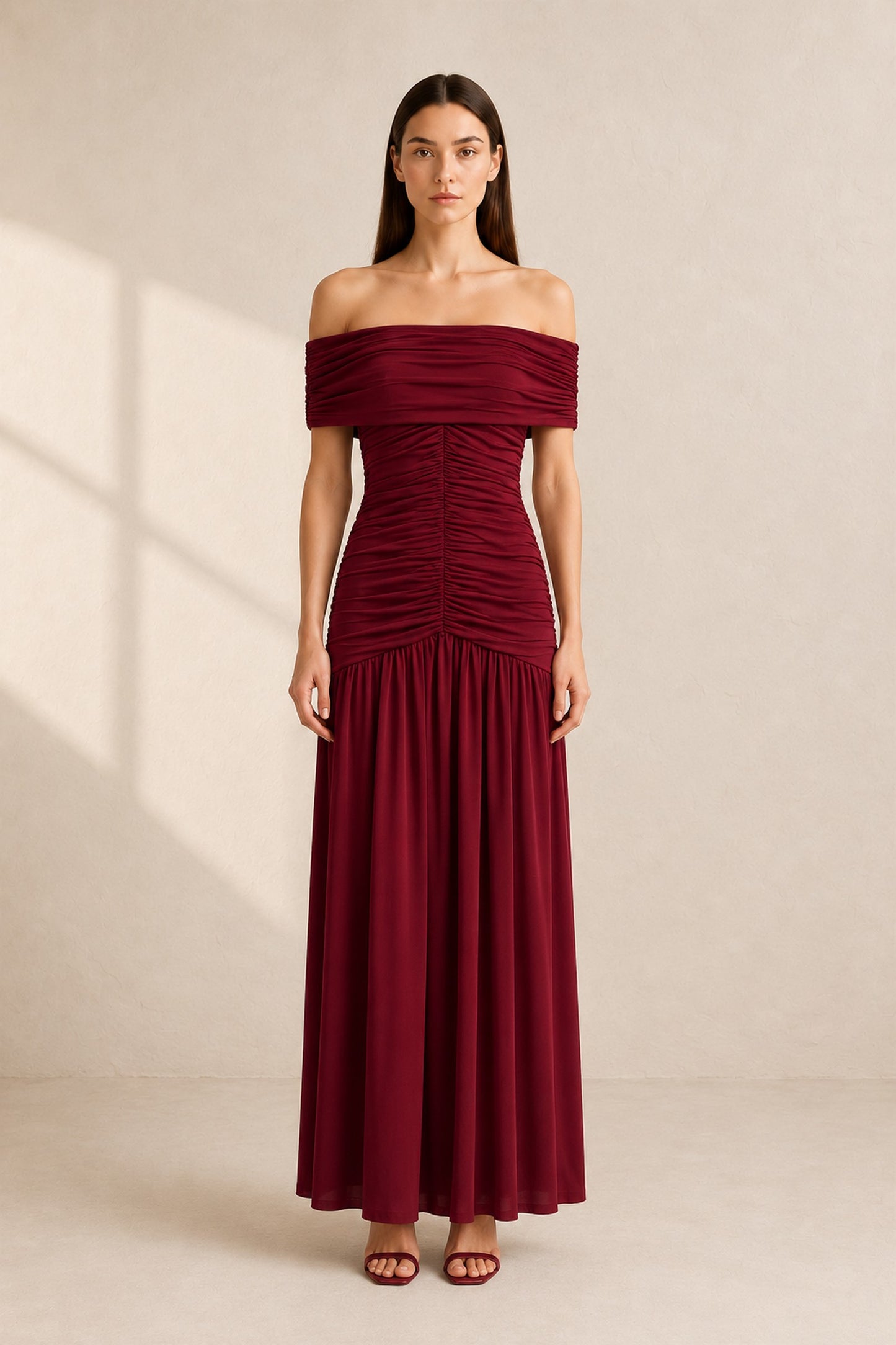 Camille Off-Shoulder Bardot Maxi Dress • Burgundy