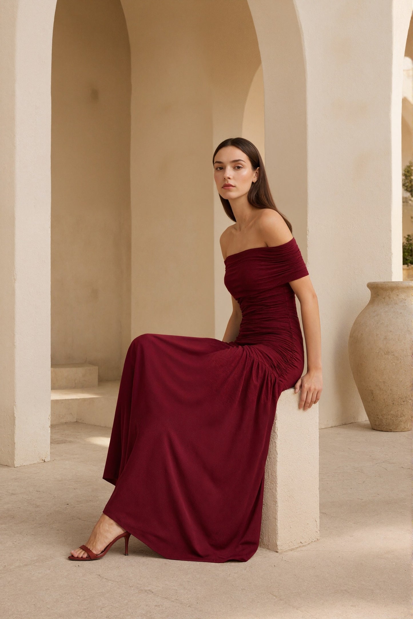 Camille Off-Shoulder Bardot Maxi Dress • Burgundy